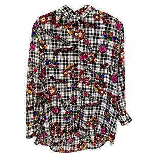 Chaus Vintage 80s Top Women’s 1X Button Up Multicolor Watch Print Shoulder Pads
